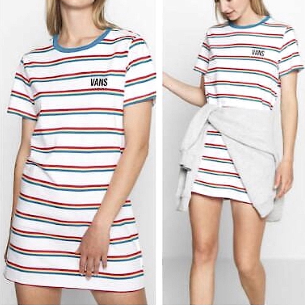 Vans White T-Shirt with Red, Blue, and Yellow Stripes